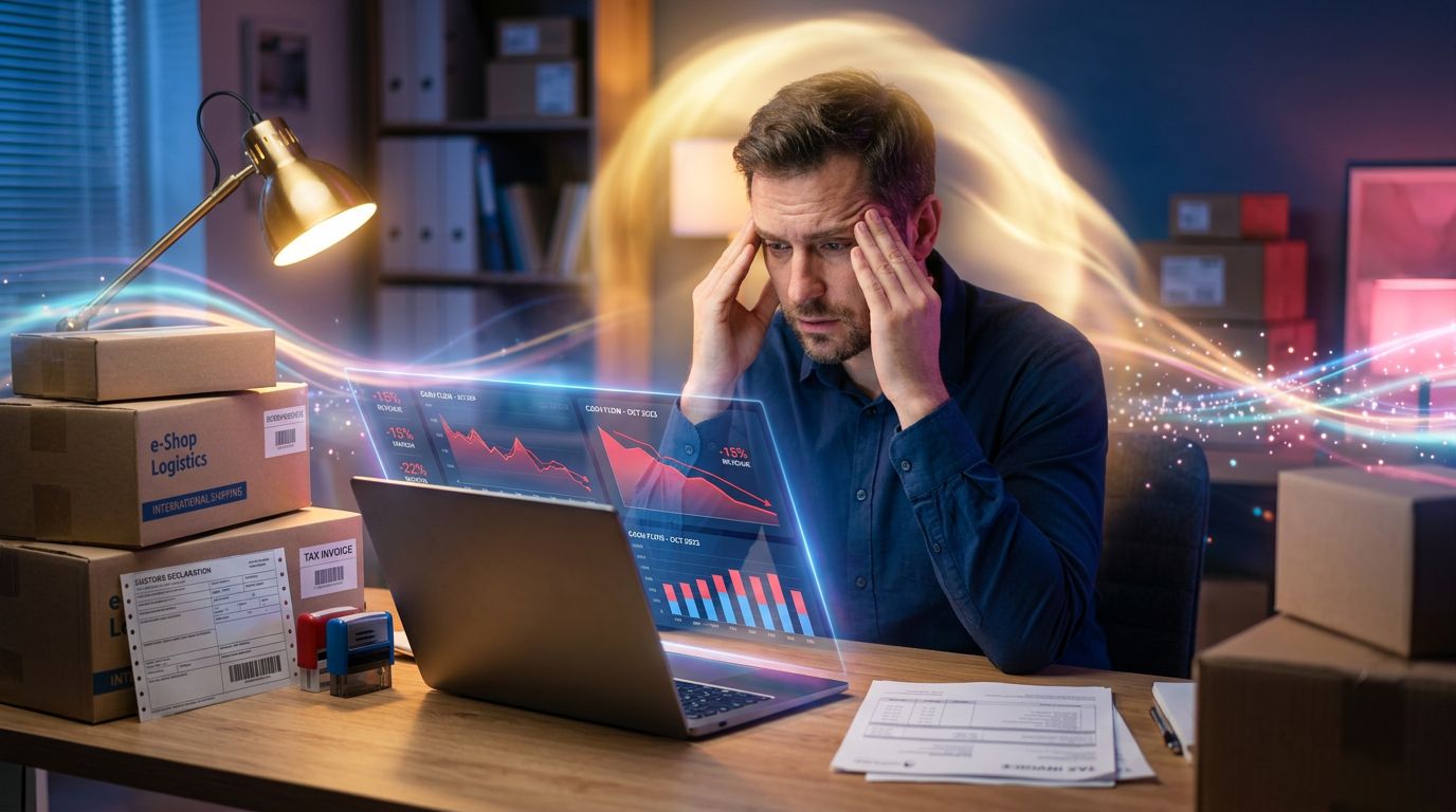 An e-commerce merchant facing customs documents and a stressed financial dashboard