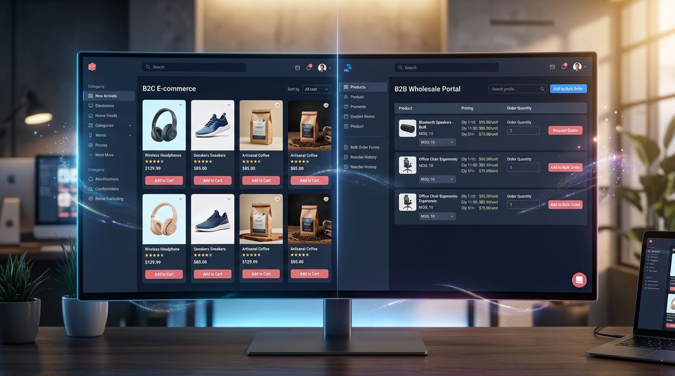 E-commerce interface showing simultaneous management of B2C and B2B catalogs on a single platform