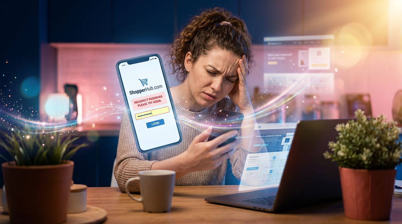 Acheteur en ligne bloqué sur un écran de connexion avec message d'erreur sur mobile