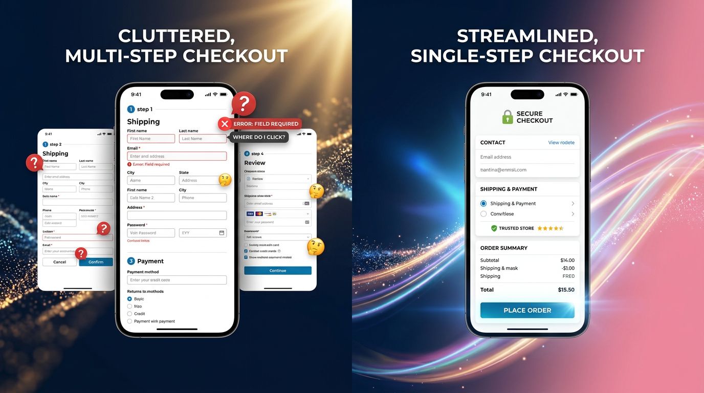 Comparaison entre un tunnel d'achat mobile complexe et un tunnel simplifié optimisé