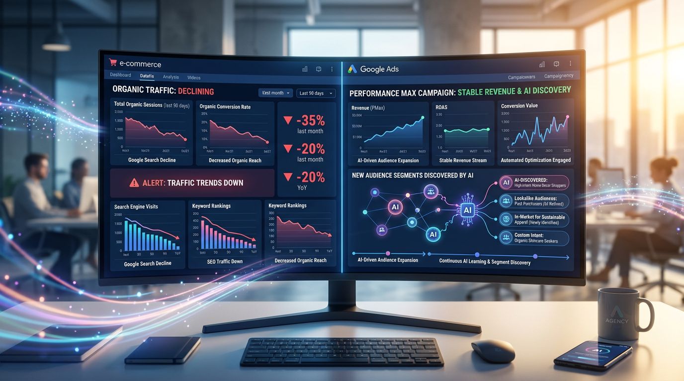 Tableau de bord e-commerce montrant une baisse du trafic organique compensée par des campagnes publicitaires IA stables