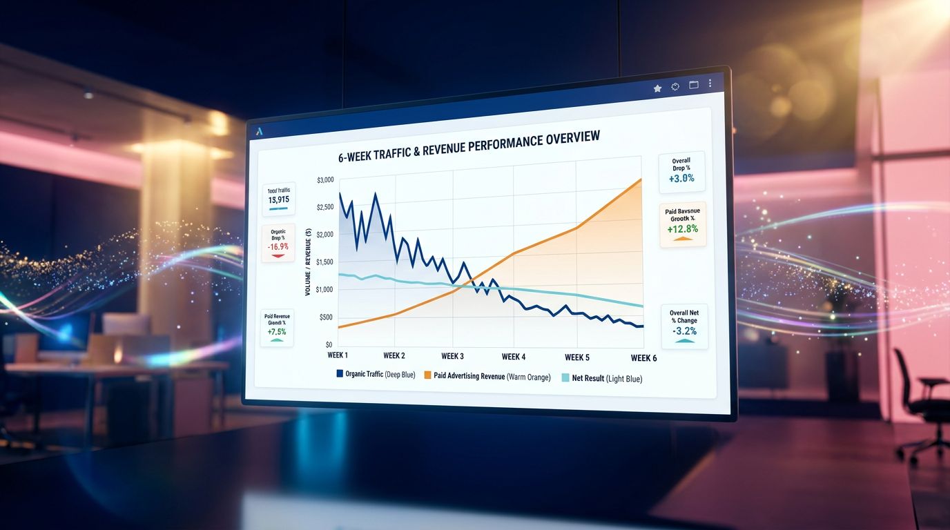 Graphique analytics sur 6 semaines montrant la compensation des revenus publicitaires face à la chute du trafic organique