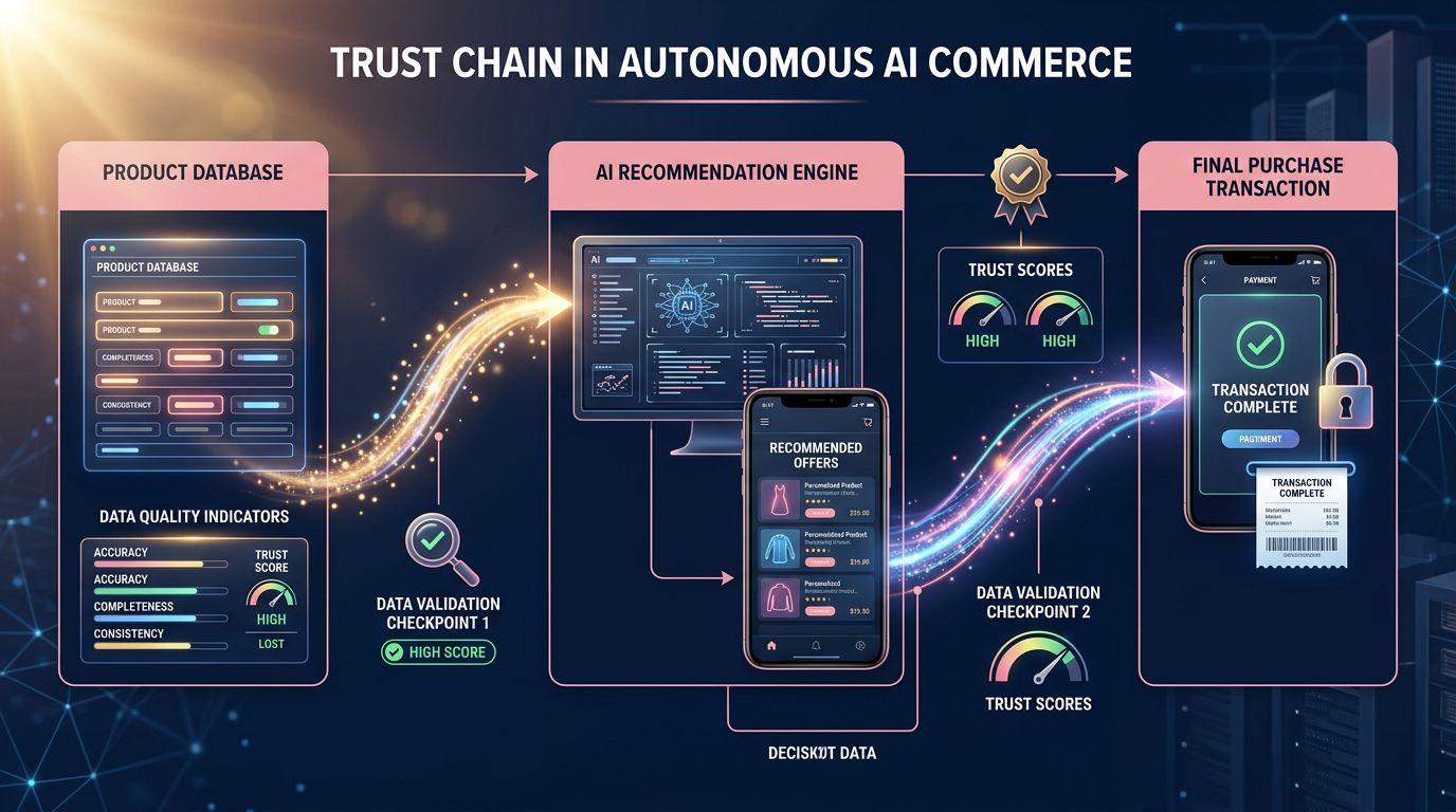 Schéma illustrant la chaîne de confiance entre données produit, moteur IA et transaction autonome