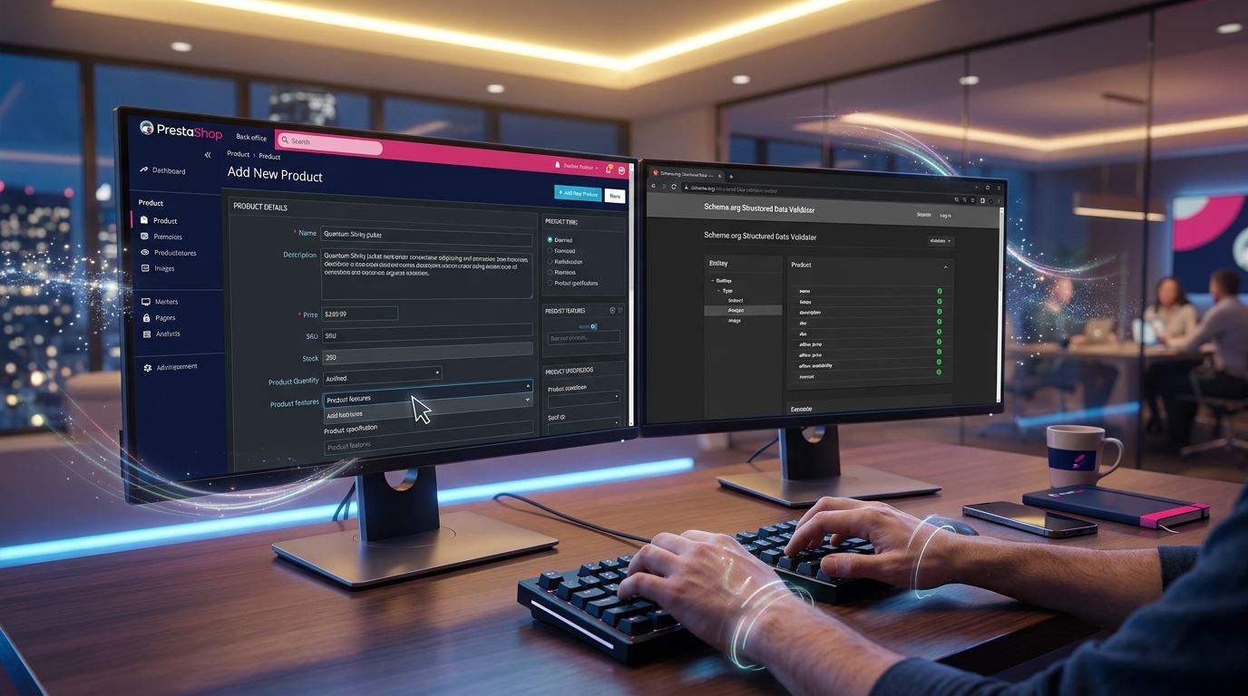 Interface de gestion e-commerce montrant des fiches produit complètes avec validation du balisage structuré