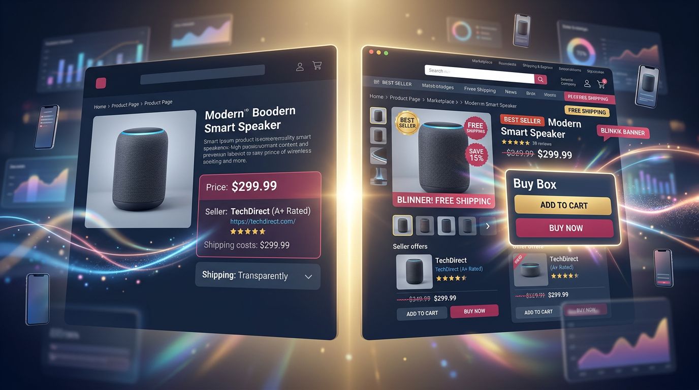 Comparaison entre une fiche produit transparente et une interface marketplace avec prix barrés et Buy Box mis en avant