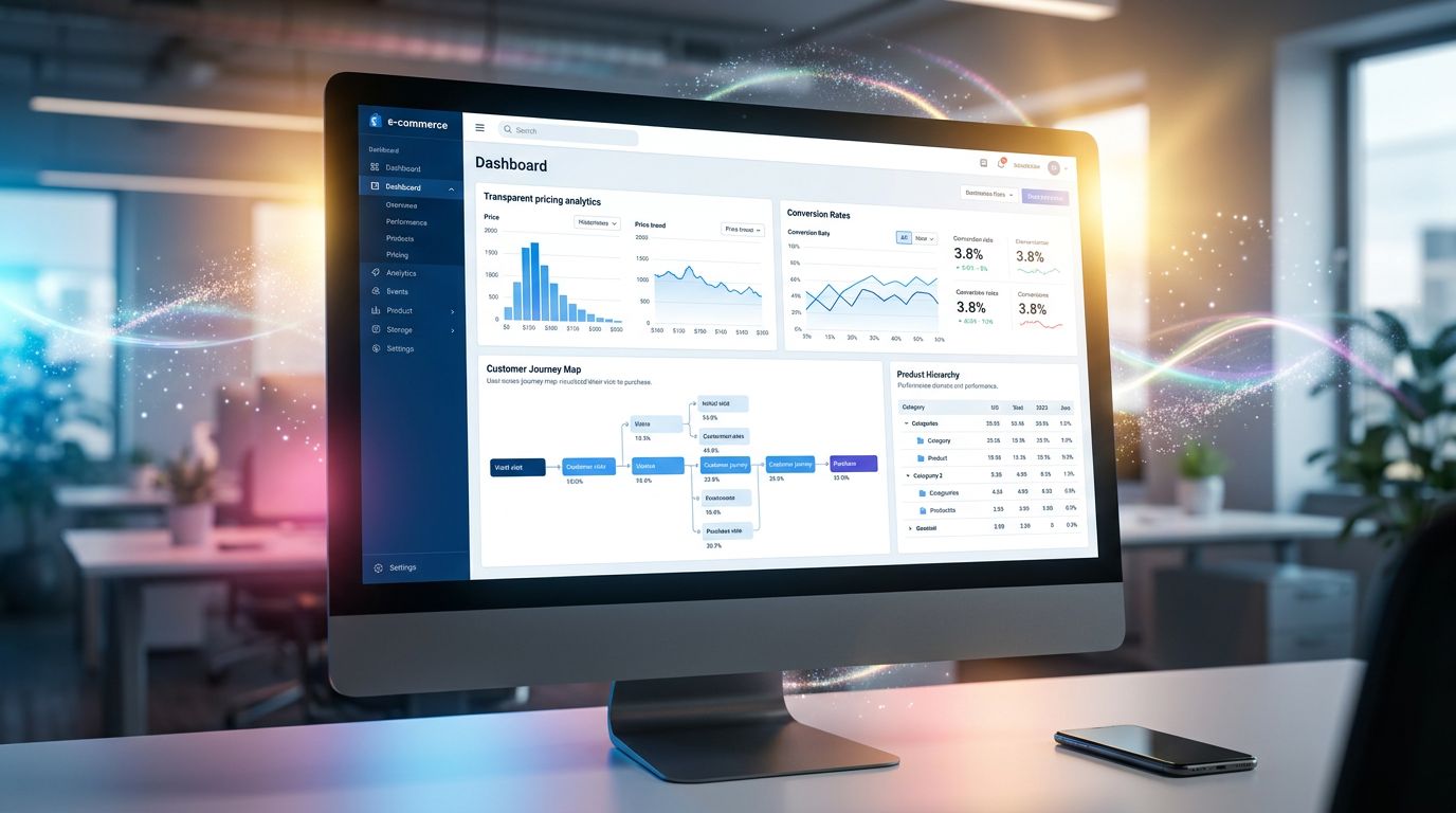 Tableau de bord e-commerce avec analytics transparents et architecture de prix maîtrisée par le commerçant
