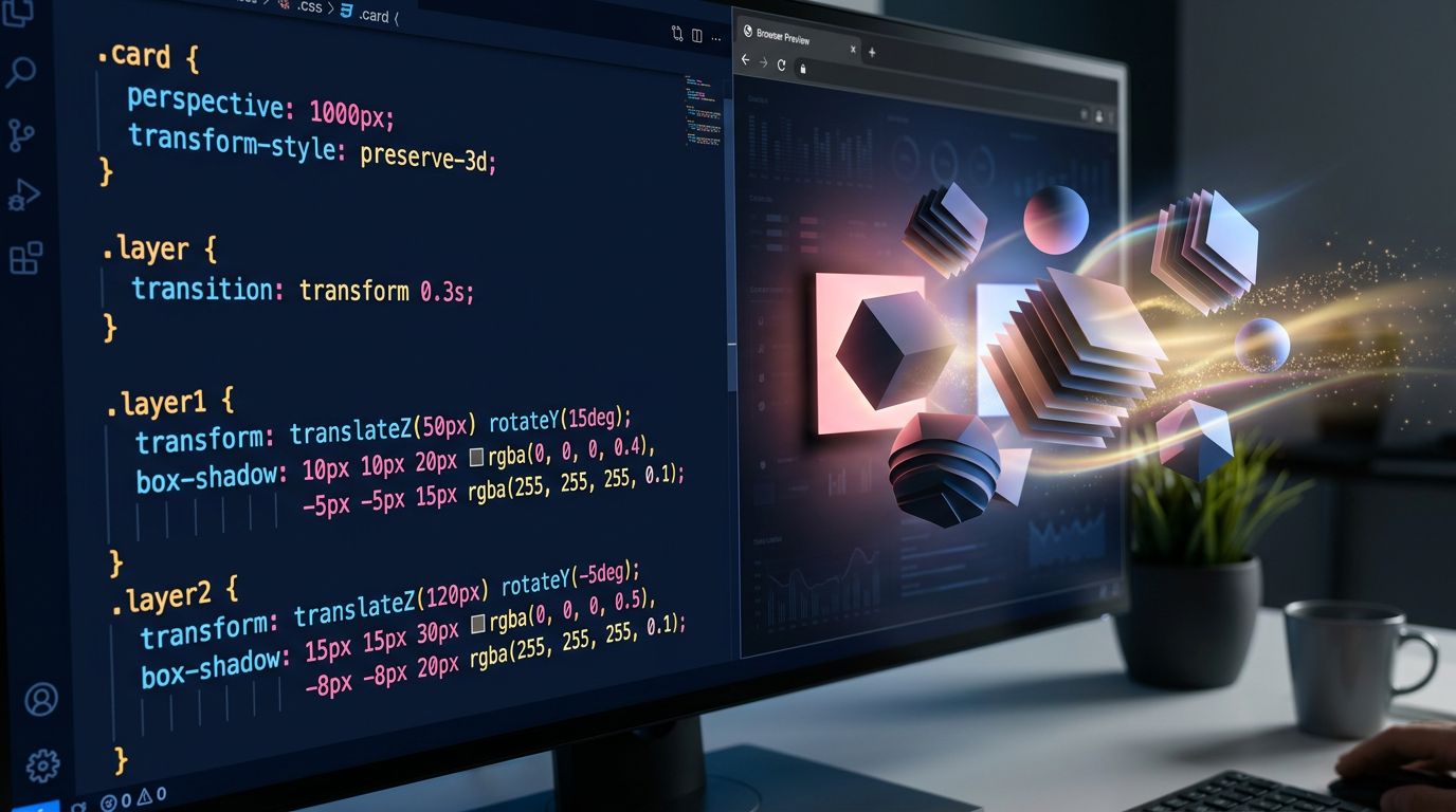 Code CSS montrant les propriétés de perspective et ombres utilisées pour simuler la profondeur 3D dans un navigateur