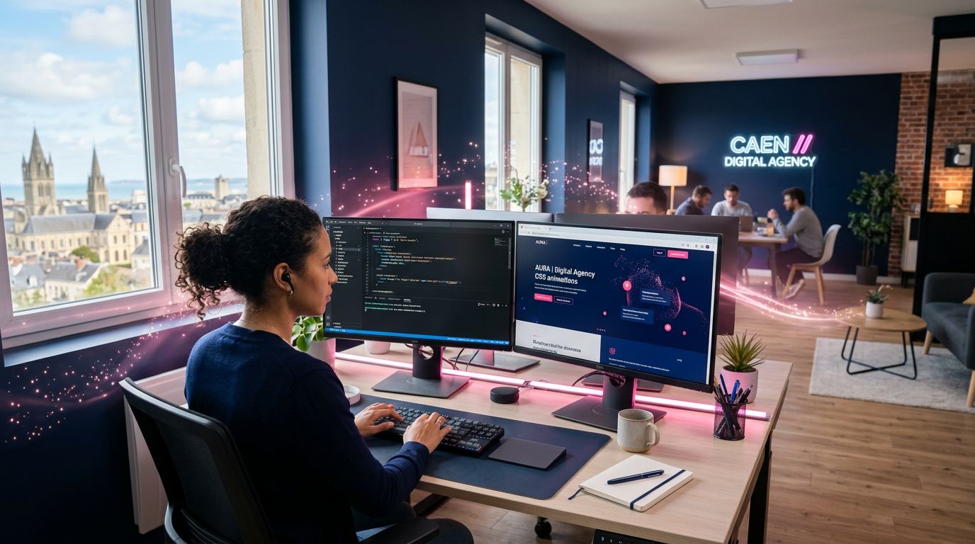 Développeur web à Caen travaillant sur un projet Astro avec animations CSS avancées, environnement d'agence moderne