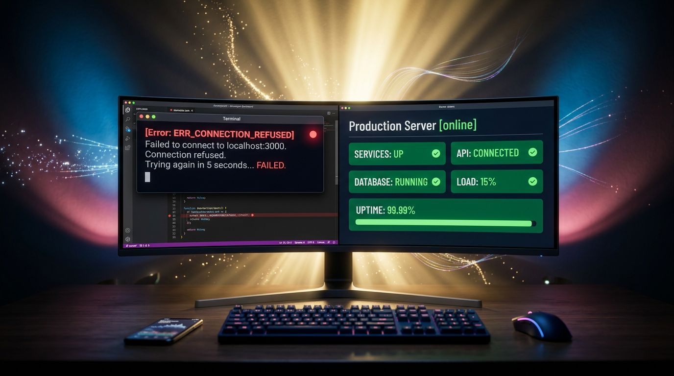Écran de débogage montrant une erreur ERR_CONNECTION_REFUSED et sa résolution dans un terminal