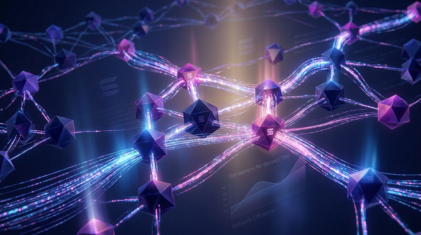 Visualisation du réseau Solana avec flux de transactions optimisés et nœuds interconnectés