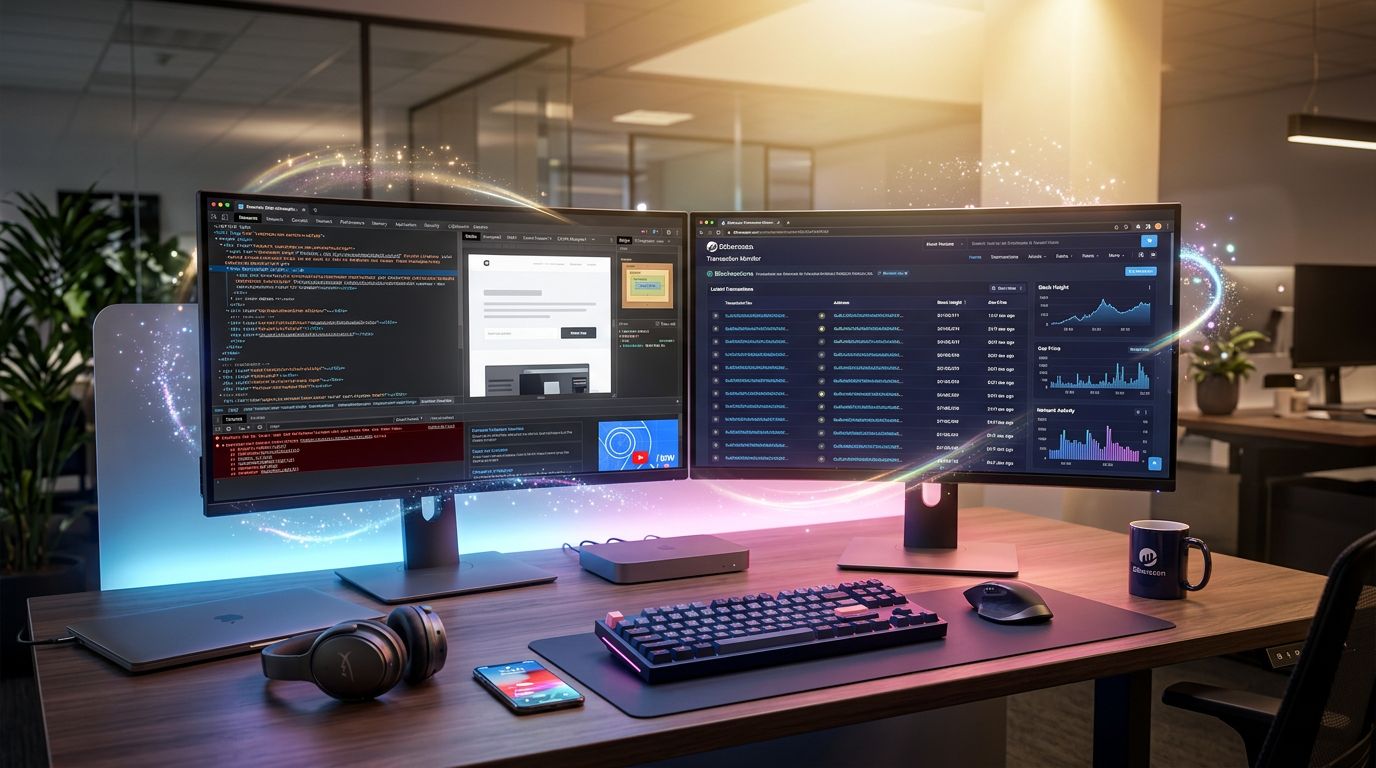 Poste de développement avec interface de débogage web et moniteur de transactions blockchain côte à côte