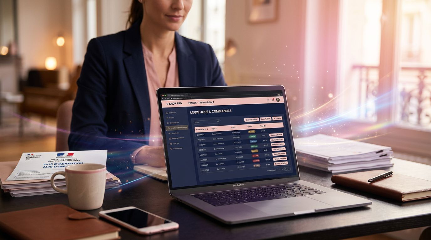 Interface de gestion de boutique en ligne avec des factures électroniques et documents fiscaux français
