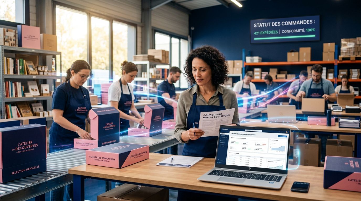 Entrepôt e-commerce avec préparation de commandes et gestion administrative sur écrans