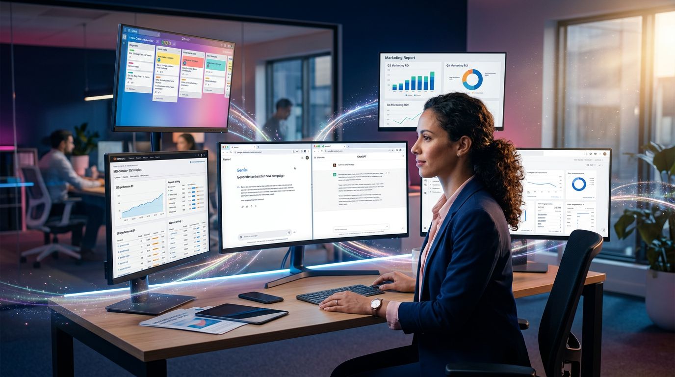 Un professionista del marketing confronta le interfacce di Google Gemini e ChatGPT sui propri schermi di lavoro
