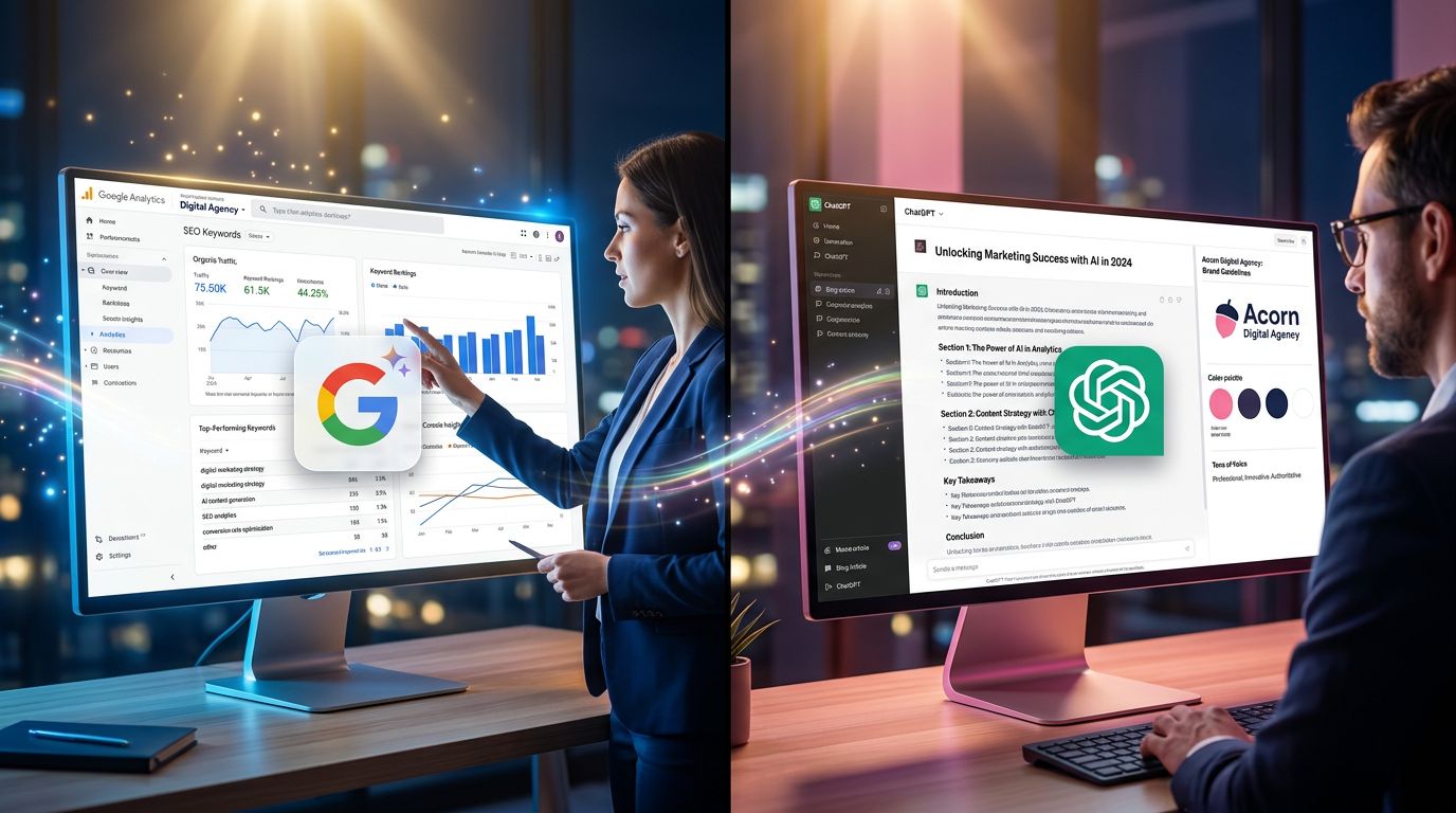 Confronto visivo tra Gemini che analizza dati SEO e ChatGPT che redige contenuti di marketing