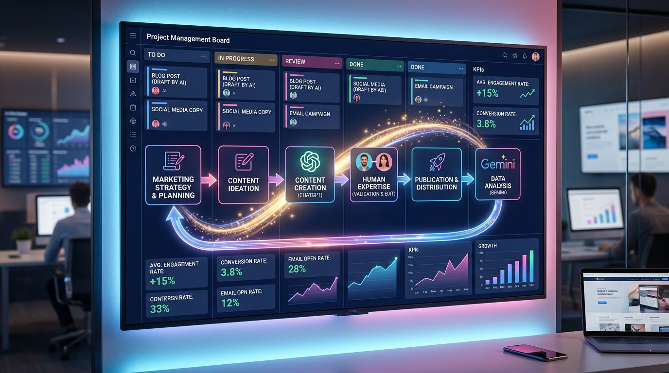 Schema di un flusso di lavoro marketing che integra ChatGPT e Gemini con validazione umana