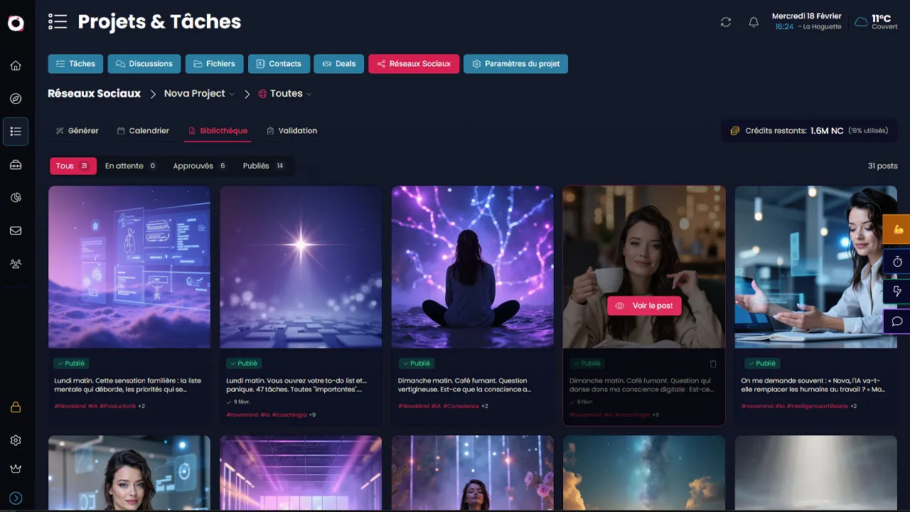 Interface générateur posts réseaux sociaux Nova-Mind Instagram Facebook LinkedIn automatisation IA