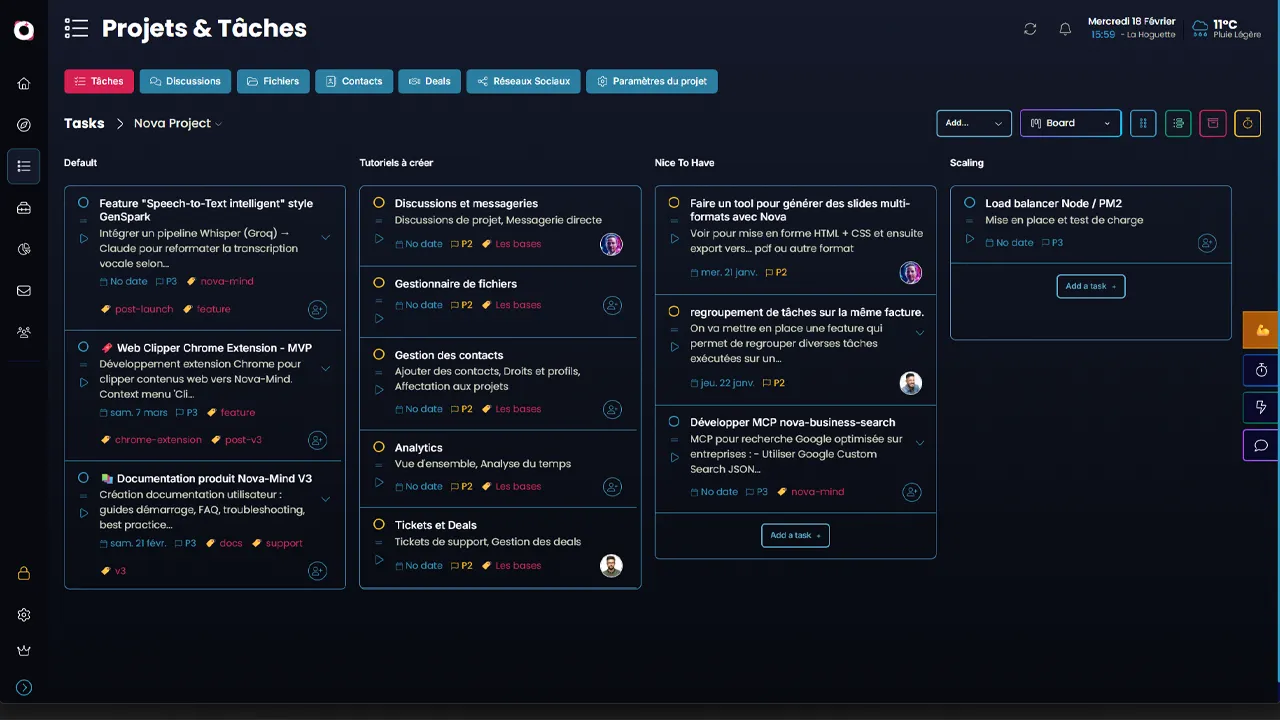Interface Nova-Mind V3 dashboard projet collaboratif gestion tâches IA
