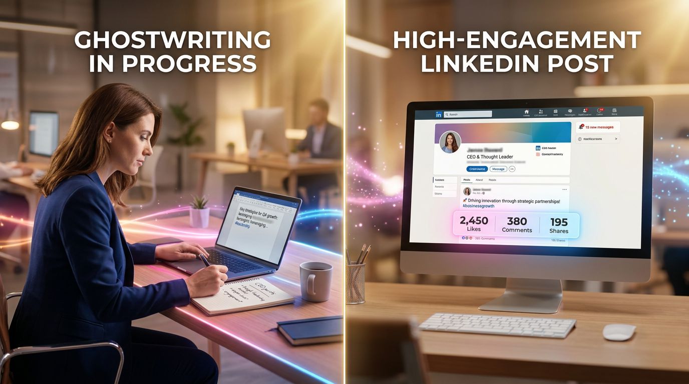 Un ghostwriter professionnel rédige du contenu LinkedIn à partir des idées d'un dirigeant d'entreprise