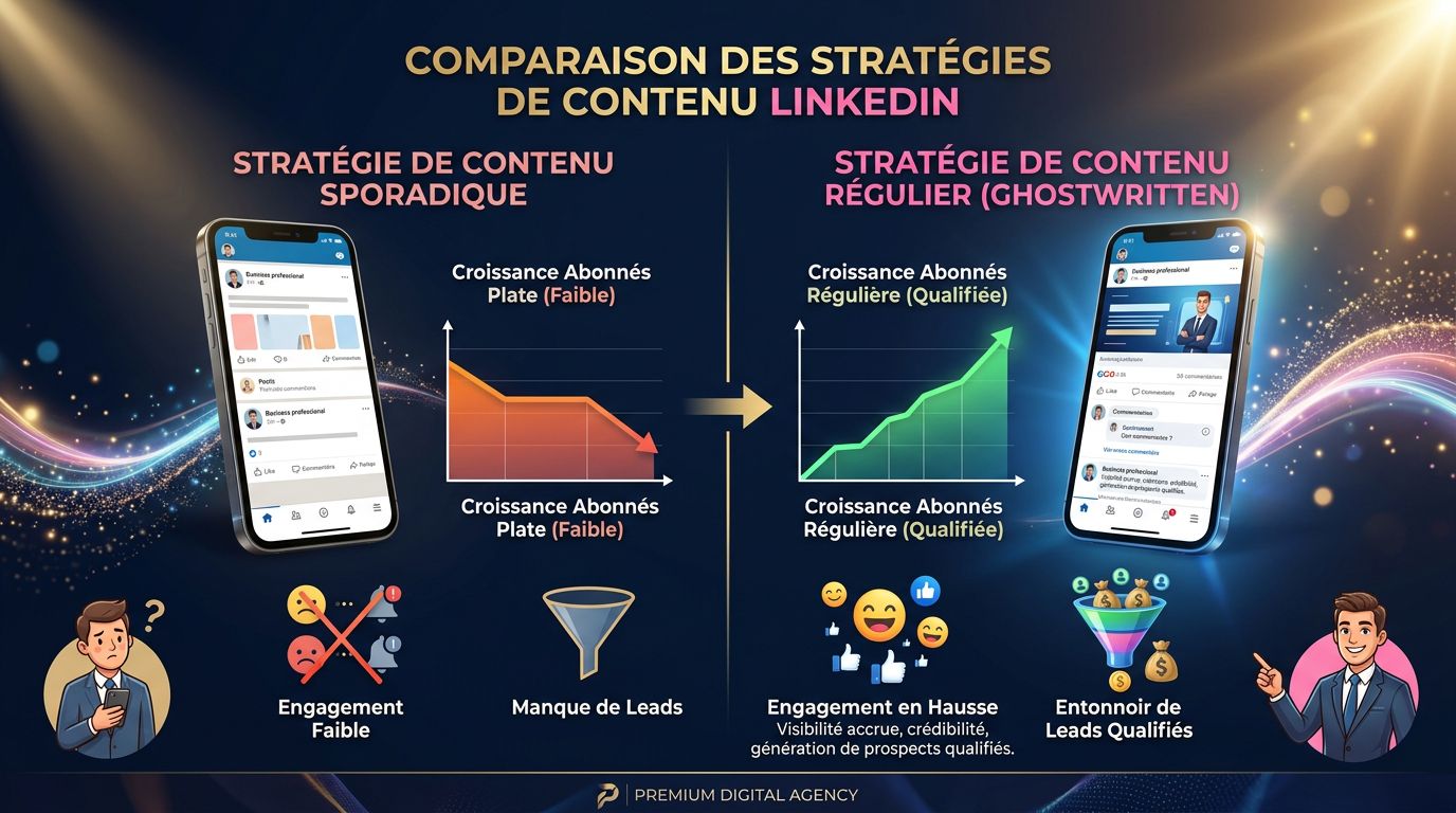 Comparaison entre une stratégie LinkedIn irrégulière et une approche ghostwriting structurée avec résultats mesurables