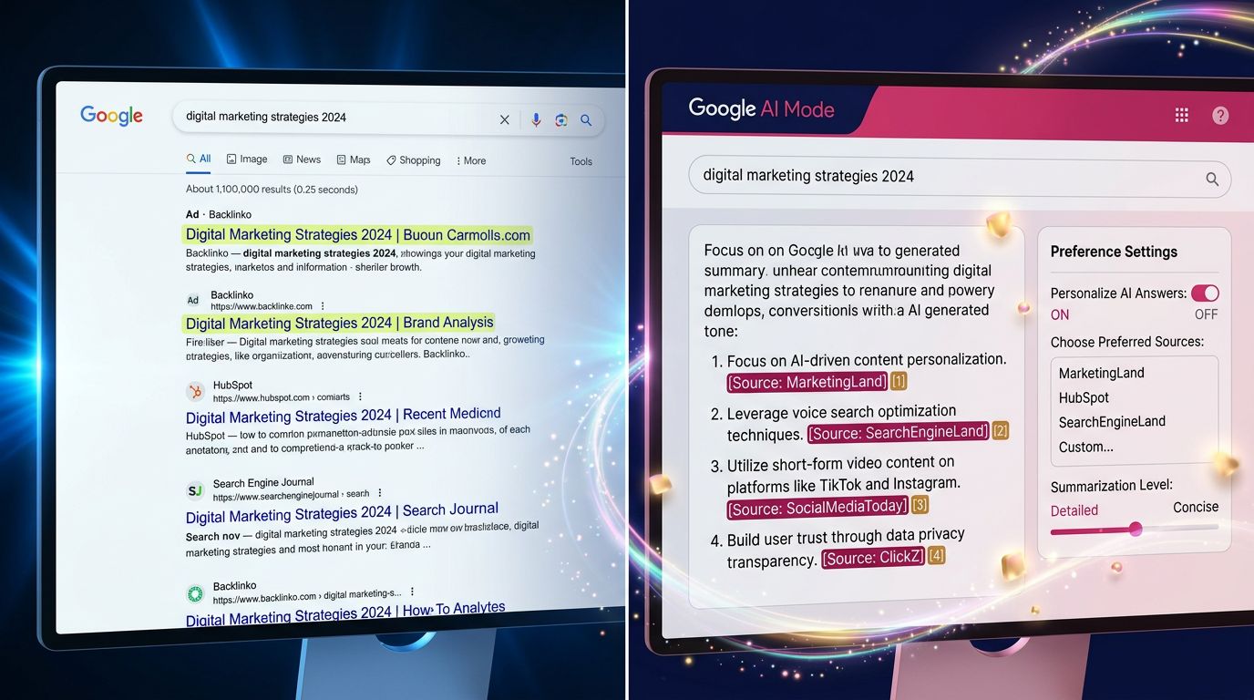 Comparaison entre les résultats Google classiques et le nouveau mode AI Mode avec sources préférées