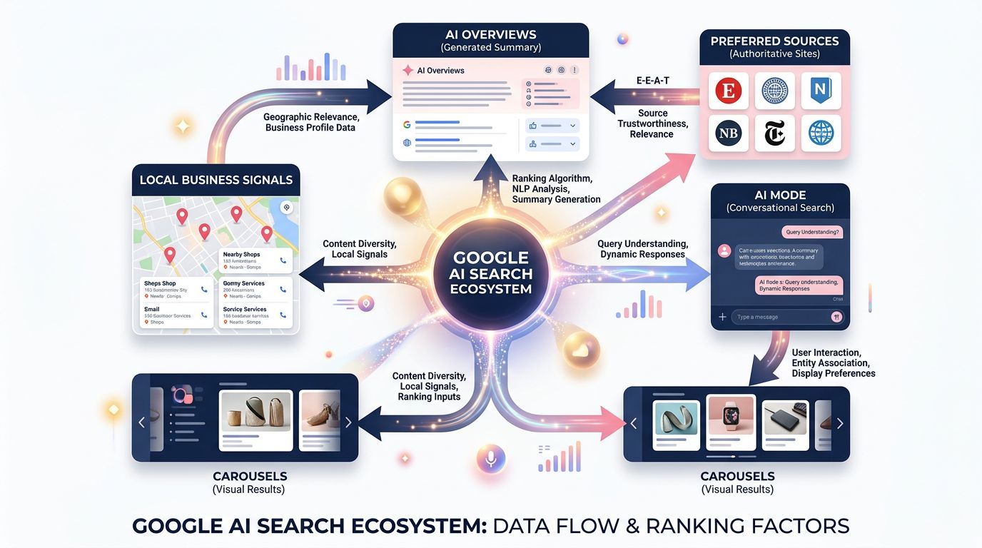 Schéma de l'écosystème de recherche IA Google avec sources préférées, carrousels et signaux locaux