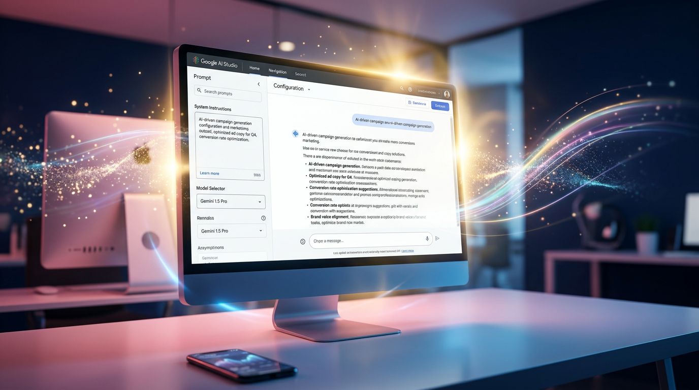 Screenshot illustrato dell'interfaccia di Google AI Studio con pannello di configurazione e output marketing