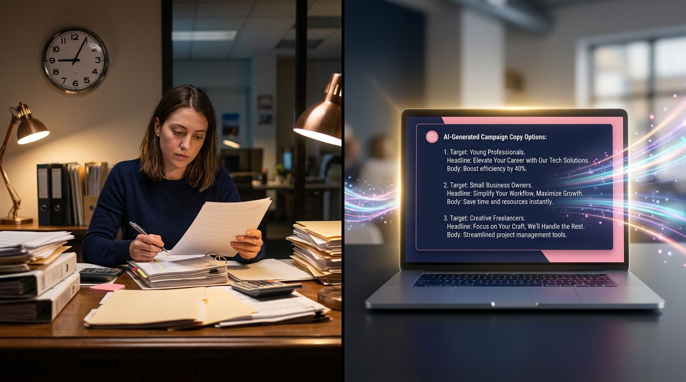 Confronto tra redazione manuale lenta e generazione rapida di variazioni marketing tramite IA
