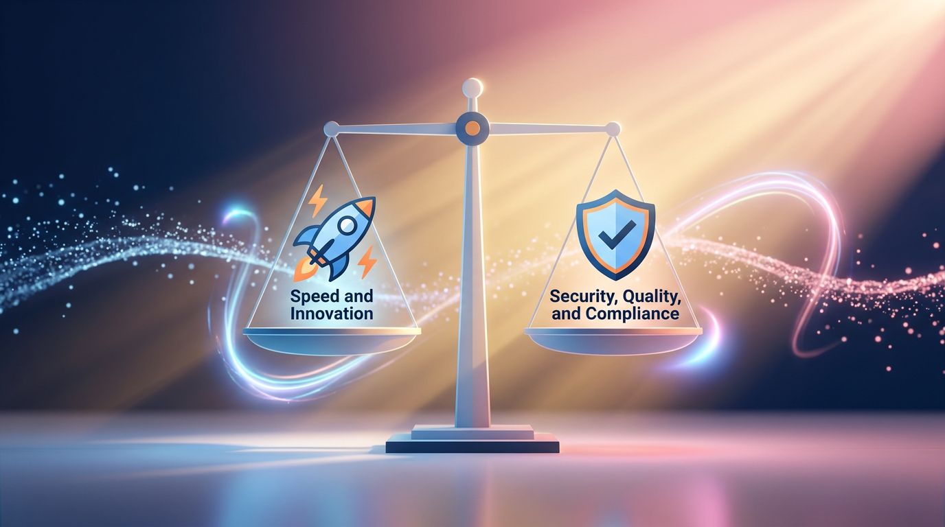 Bilancia che illustra i compromessi tra velocità di innovazione IA e requisiti di sicurezza e qualità
