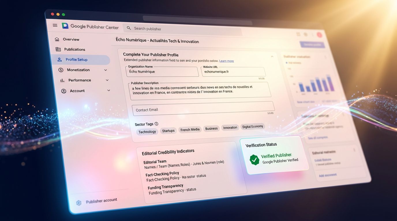 Google Publisher Center Dashboard mit erweiterten Herausgeberprofilen und Glaubwürdigkeitsindikatoren