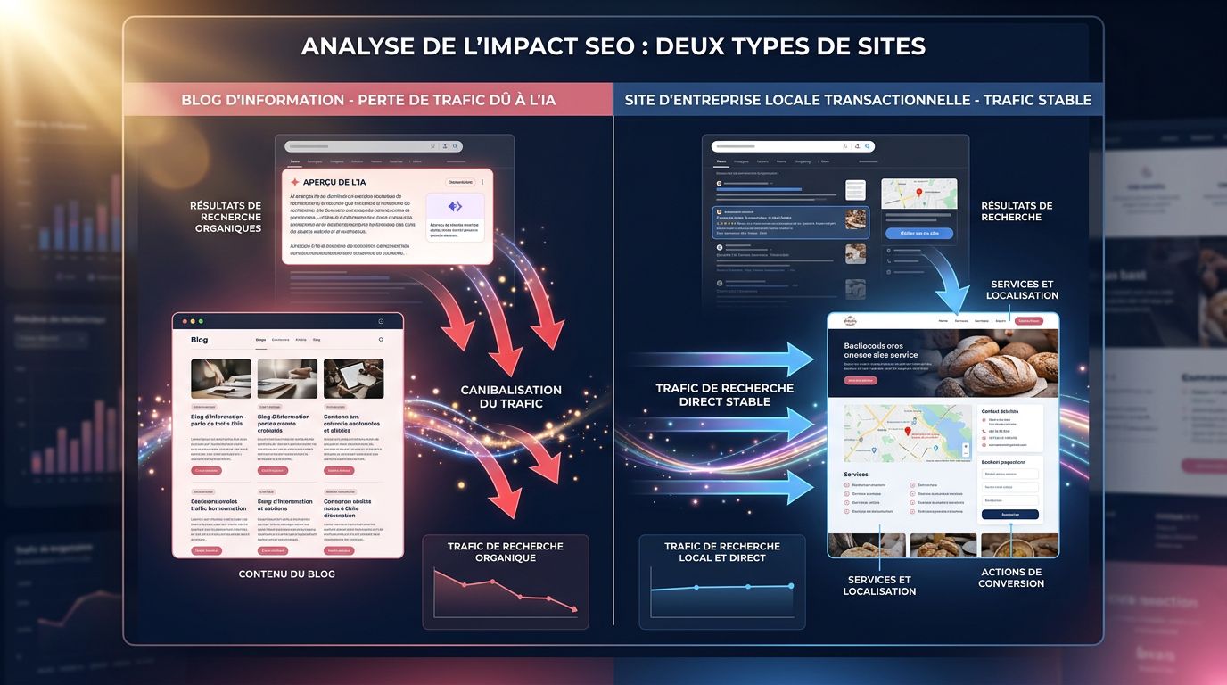 Vergleich der Auswirkungen von AI Overviews auf eine Informationswebsite gegenüber einer lokalen Transaktionswebsite