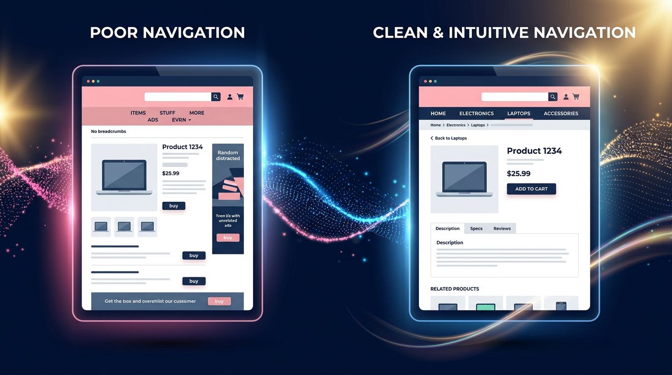 Comparison between bad and good navigation on an e-commerce product page