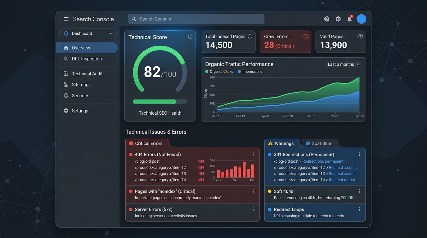 Tableau de bord d'audit SEO avec erreurs critiques
