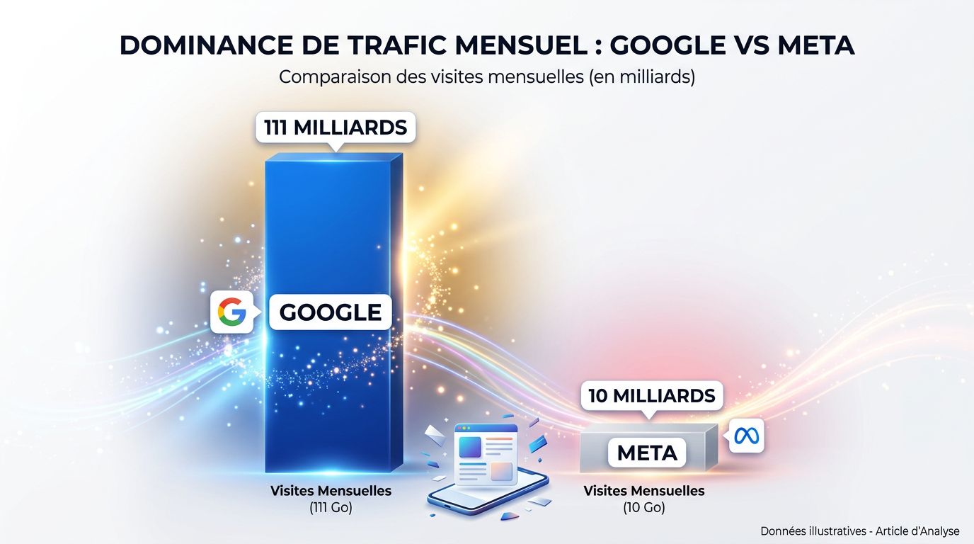 Graphique comparatif montrant la domination de Google avec 111 milliards de visites mensuelles face aux 10 milliards de Meta
