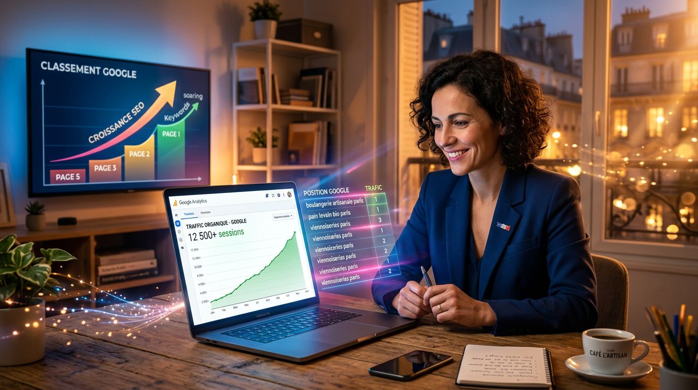 Chef d'entreprise observant la progression de son trafic organique Google sur un tableau de bord analytique