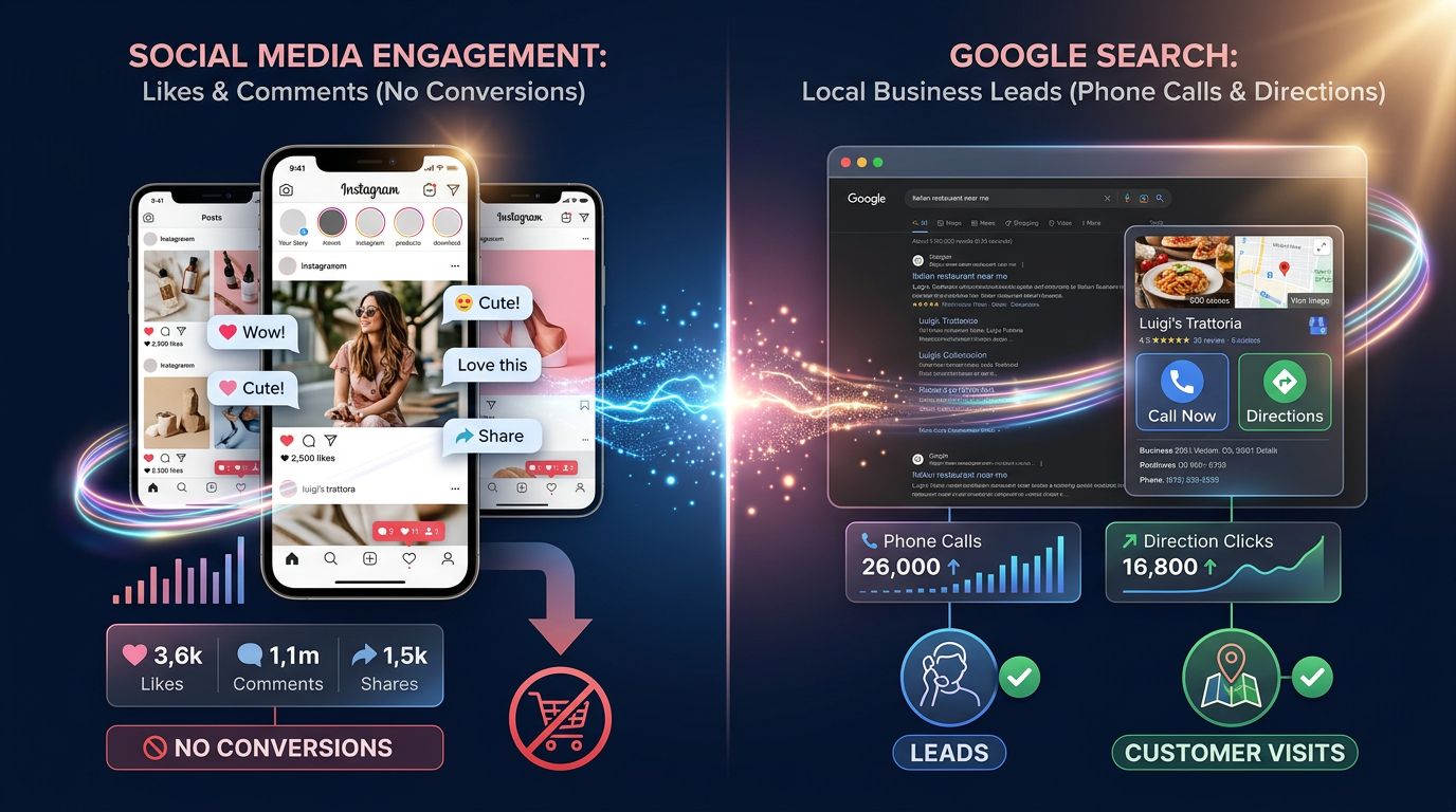 Comparaison entre l'engagement réseaux sociaux sans conversion et la visibilité Google qui génère des contacts clients