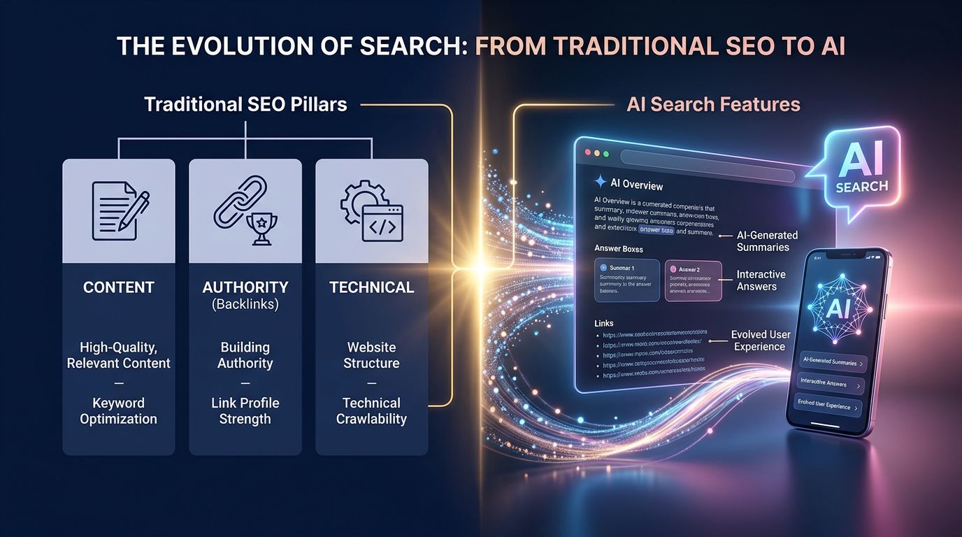Schéma montrant la continuité entre les piliers SEO traditionnels et les nouvelles fonctionnalités de recherche IA de Google