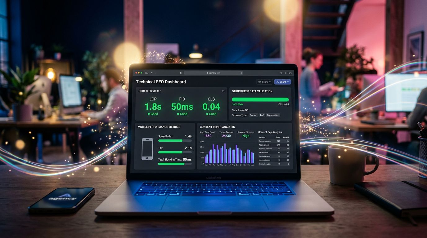 Tableau de bord SEO technique montrant les Core Web Vitals, les données structurées et les métriques de performance mobile