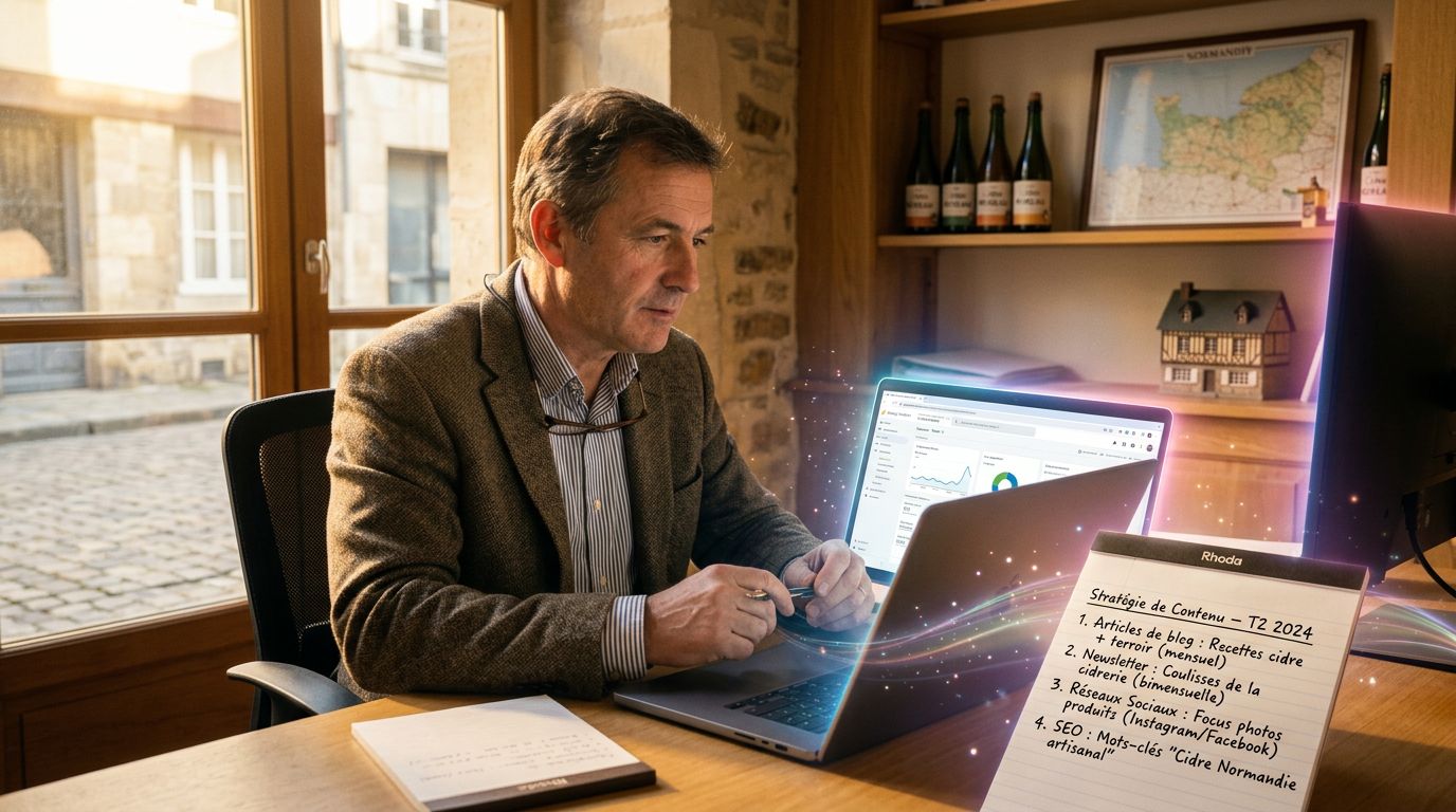 Chef d'entreprise normand analysant sa stratégie de contenu web face à un écran d'analytics