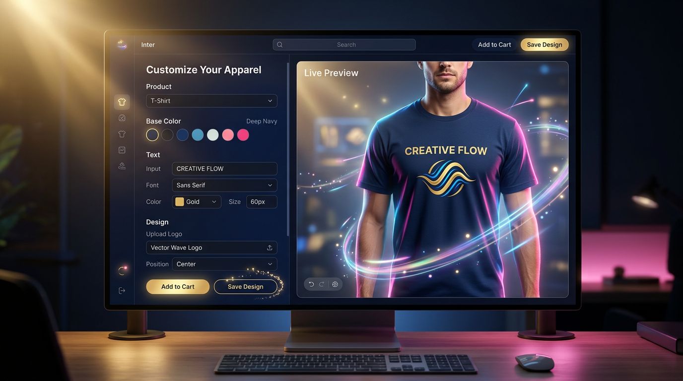 Interface de configurateur produit e-commerce avec prévisualisation Canvas en temps réel