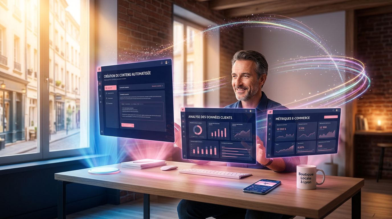 Illustration montrant d'un côté un créatif utilisant des outils IA, de l'autre des dirigeants analysant une transformation numérique stratégique