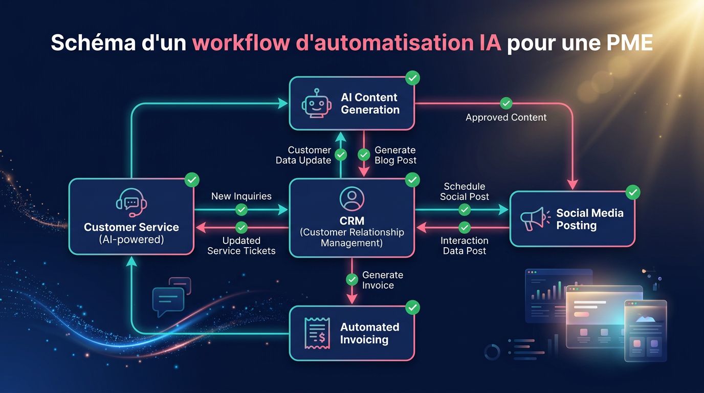 Tableau de bord IA intégré aux processus métier — CRM automatisé, génération de contenu et devis intelligents