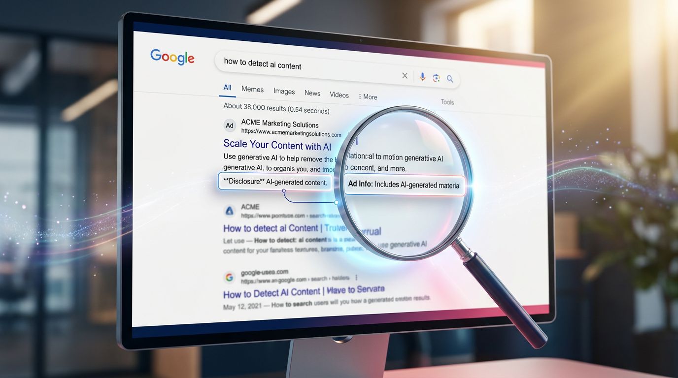Capture d'écran illustrant un label de transparence IA sur une annonce Google dans les résultats de recherche