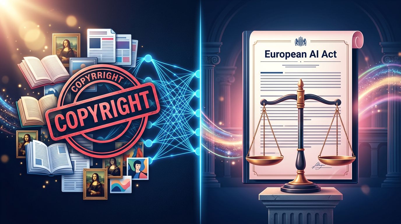 Schéma illustrant la tension entre entraînement des modèles IA et respect du droit d'auteur en Europe