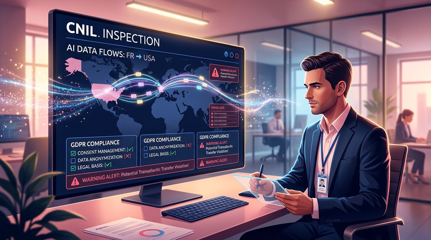 Illustration représentant un contrôle CNIL sur les flux de données d'un système d'intelligence artificielle