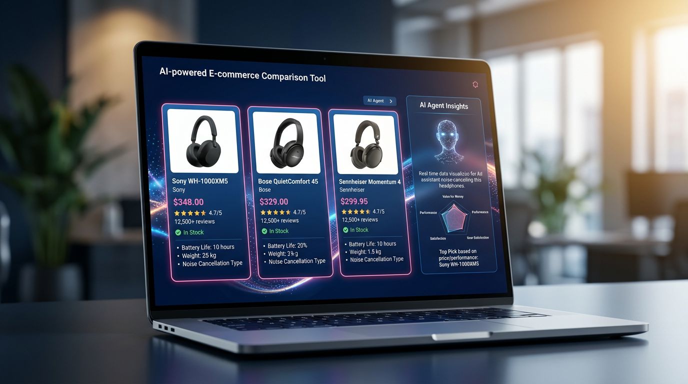 Interface d'un agent IA comparant des fiches produits sur une marketplace e-commerce
