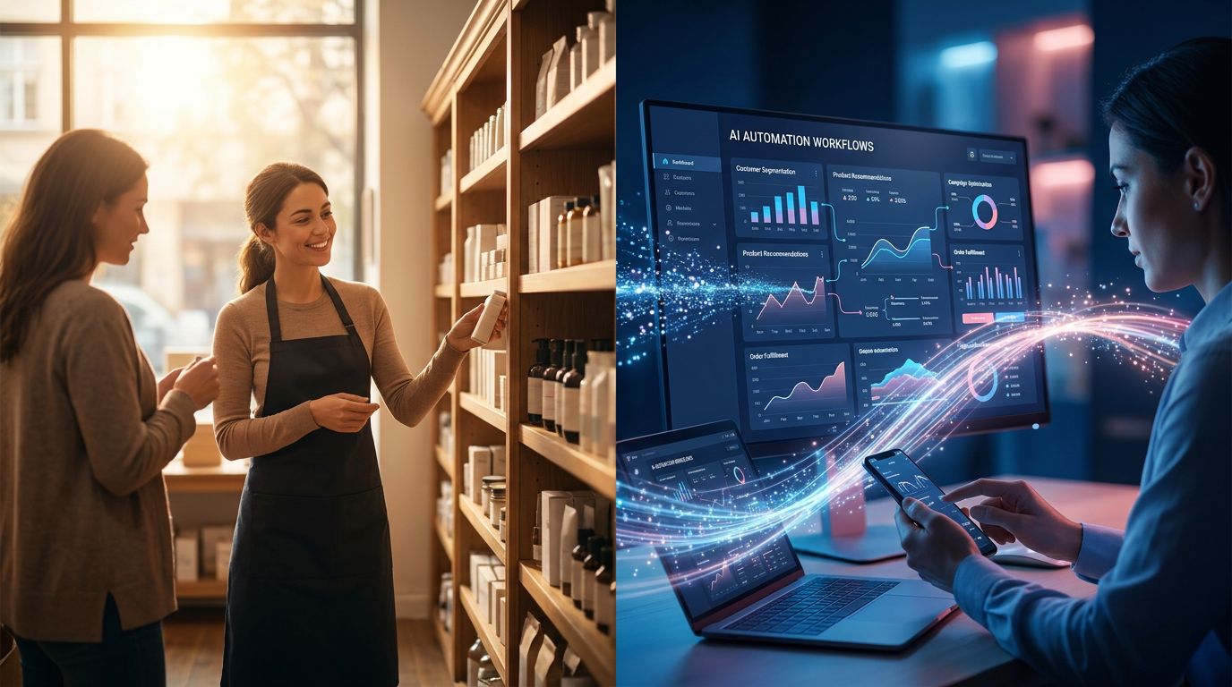 Comparaison entre vente traditionnelle avec vendeurs et commerce automatisé par intelligence artificielle