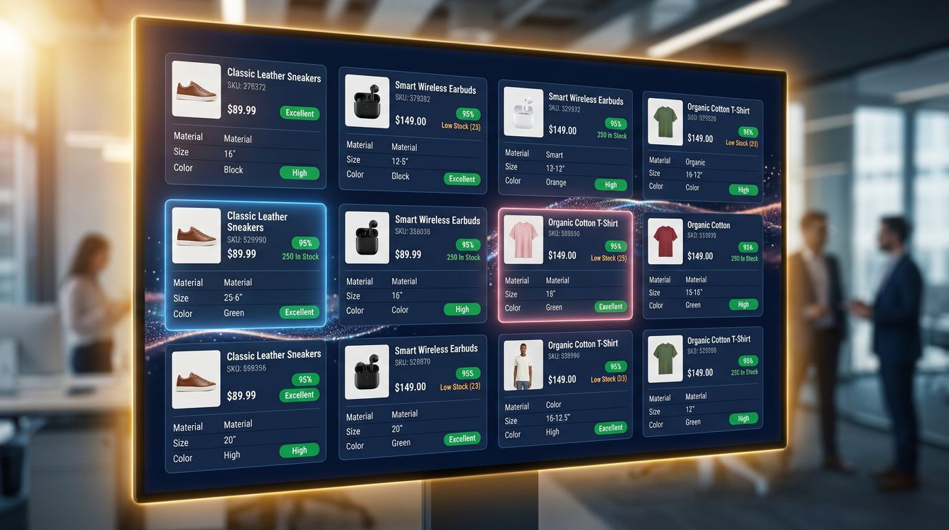 Visualisation d'un catalogue produits e-commerce structuré avec indicateurs de qualité des données