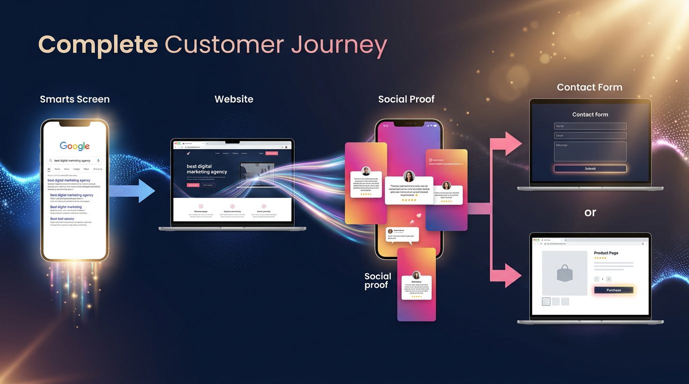 Schéma du parcours client intégrant Google, le site web et Instagram Stories comme points de contact complémentaires