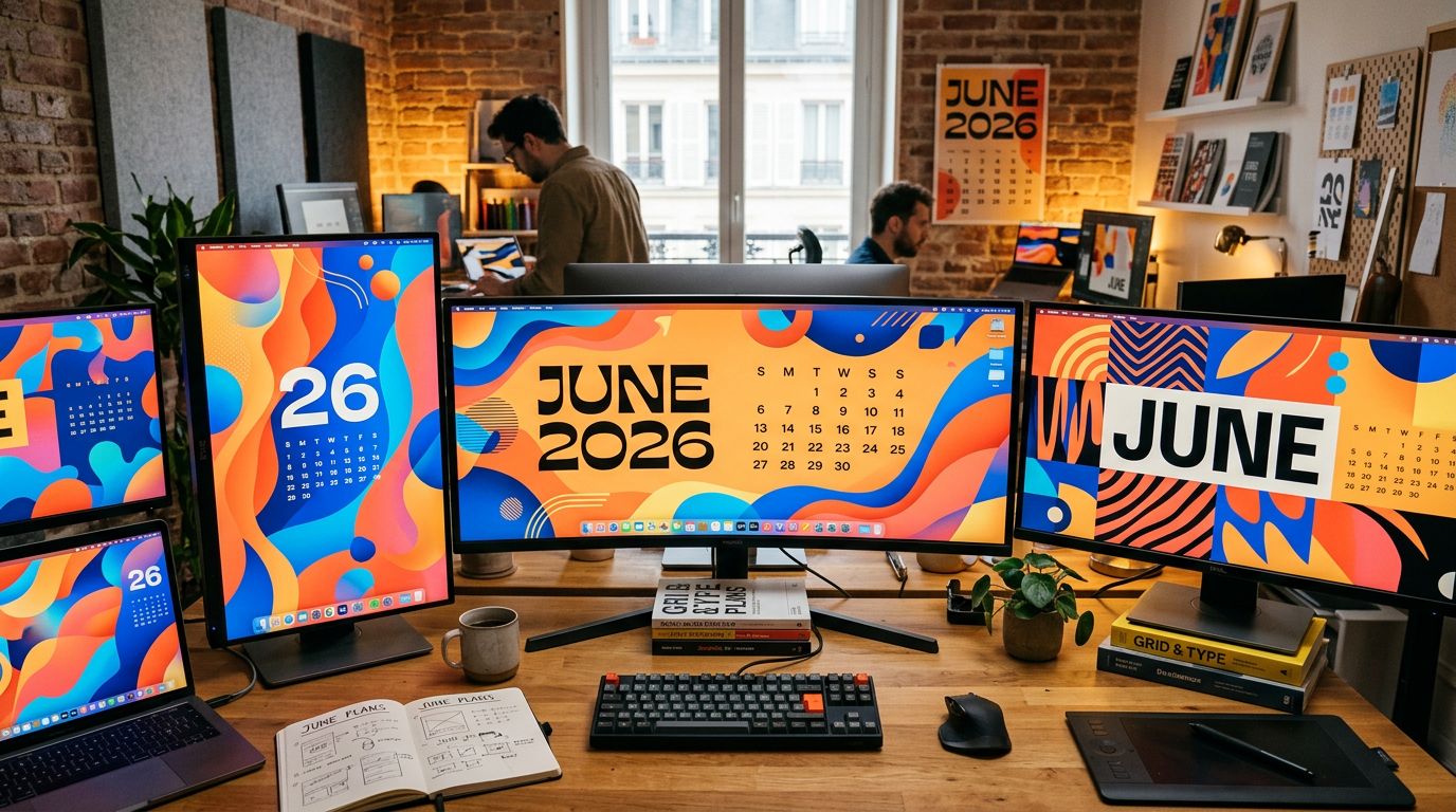 Collection de wallpapers juin 2026 illustrant les tendances webdesign : typographie expressive, couleurs vives et formes organiques